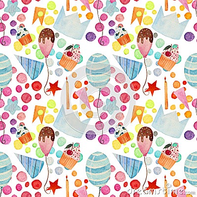 Watercolor birthday bright pattern, balloons, hat, candle, cupcakes, stars and dots on a white background. Stock Photo