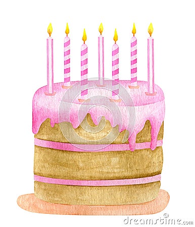 Watercolor Birthday cake with seven candles. Hand painted cute biscuit cake with pink glaze. Dessert ilustration isolated on white Stock Photo