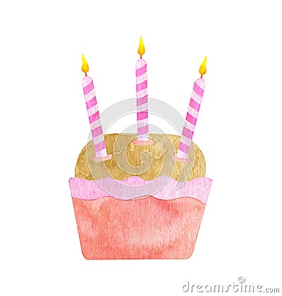 Watercolor Birthday cake with three candles. Hand drawn cute biscuit cupcake in pink paper liner. Dessert ilustration Stock Photo