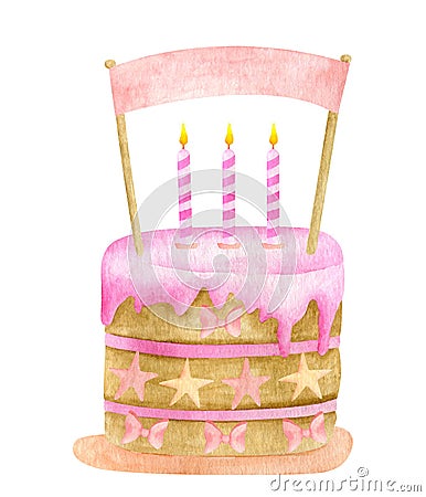 Watercolor Birthday cake with three candles and cake topper. Hand drawn cute biscuit cake with pink glaze, stars and Stock Photo