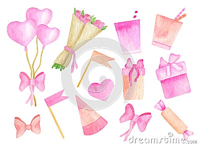 Watercolor Birthday party set. Hand drawn cute pink party hat, paper cups with swizzle sticks, air balloons, gift boxes, flower Stock Photo