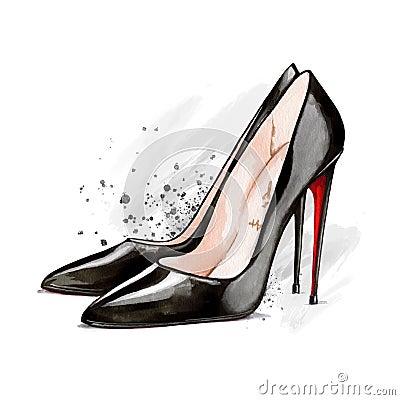 Watercolor black high heel shoes Cartoon Illustration