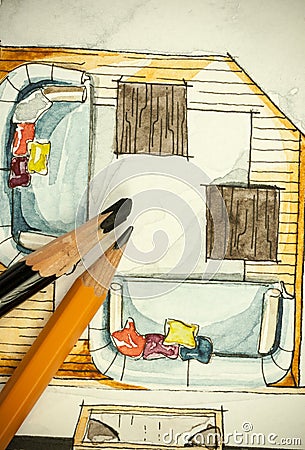Watercolor and black ink freehand sketch painting of apartment flat floor plan dining room with a sharp pencils Stock Photo