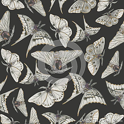 Watercolor black moths, seamless pattern Stock Photo