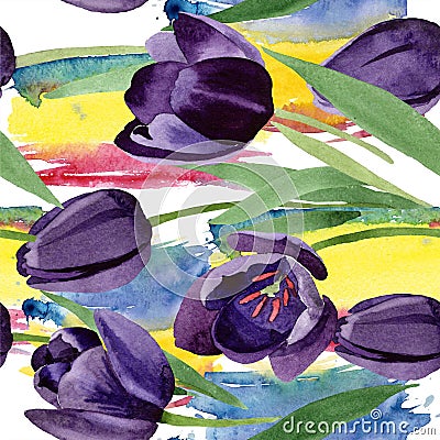 Watercolor black tulips flower. Floral botanical flower. Seamless background pattern. Stock Photo