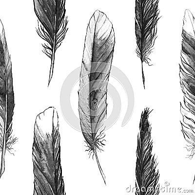 Watercolor black and white monochrome feather seamless pattern Stock Photo