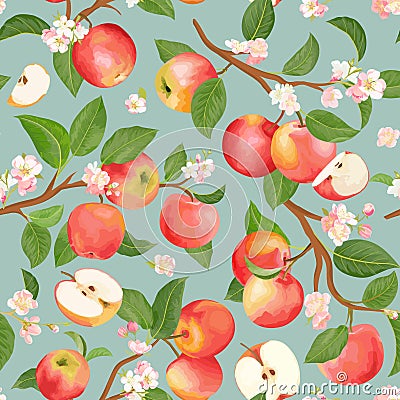 Watercolor blooming apple seamless pattern. Vector autumn fruits, flowers, leaves texture Vector Illustration