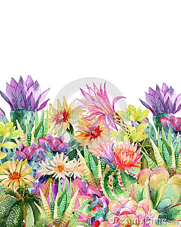 Watercolor blooming cactus background Cartoon Illustration