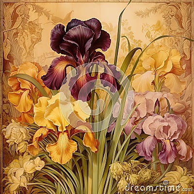 Watercolor blooming iris flowers in an Art Nouveau patterned frame. Cartoon Illustration