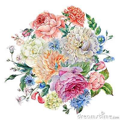 Watercolor blooming peonies, rose and wildflowers Cartoon Illustration