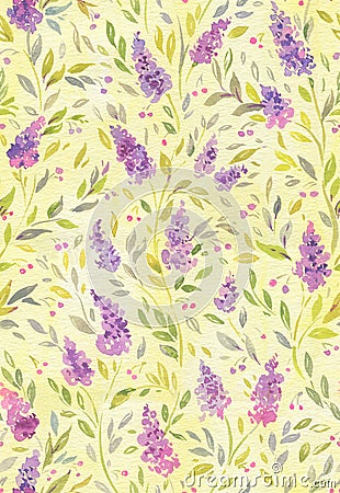 Watercolor blooming wisteria flowers on yellow seamless pattern Stock Photo