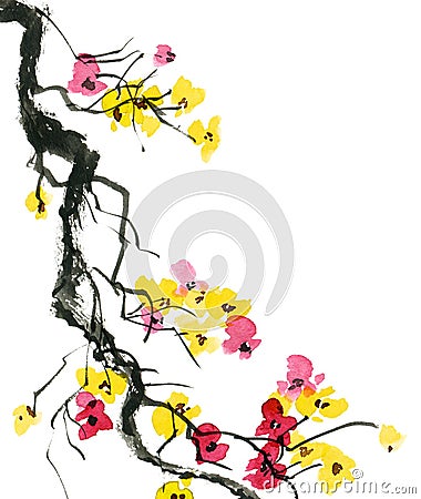 Watercolor blossom tree Cartoon Illustration
