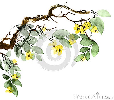 Watercolor blossom tree Cartoon Illustration