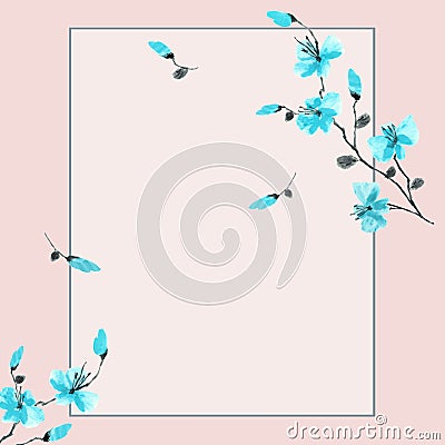 Watercolor blossoming spring branch with blue flowers on a pink background. Floral decoration. Birthday card. Stock Photo