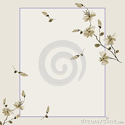 Watercolor blossoming spring branch with brige flowers in violet frame on a gray background. Floral decoration. Birthday card Stock Photo