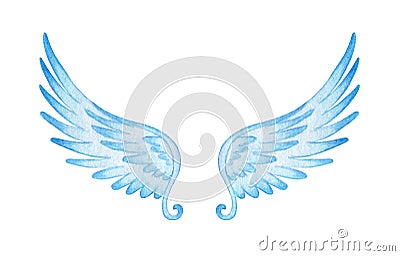 Watercolor blue angel wings. Religious illustration, beautiful realistic wings with feathers, cherubs, seraphim, archangels Vector Illustration