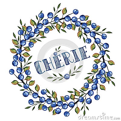 Watercolor Blue berrie, branches wreath.Darling in French Stock Photo