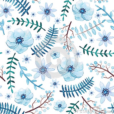 Watercolor Blue Berries, Flowers and Leaves Seamless Pattern Stock Photo