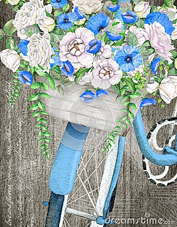 Watercolor blue bicycle and flower basket Stock Photo