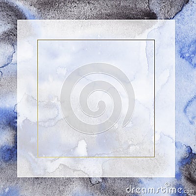 Watercolor blue and black abstract border frame with stains and washes. Stock Photo