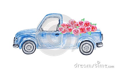 Watercolor blue car with roses Stock Photo