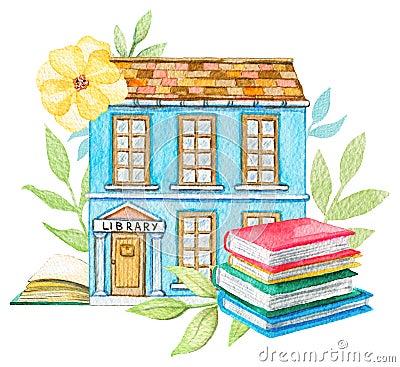 Watercolor blue cartoon library building in flowers with pile of books Cartoon Illustration