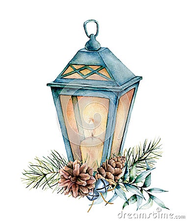 Watercolor blue Christmas lantern with decor. Hand painted lamp, candle, eucalyptus leaves and branch, silver bells, fir Stock Photo