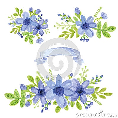 Watercolor blue daisy bouquet.Floral decor set Vector Illustration