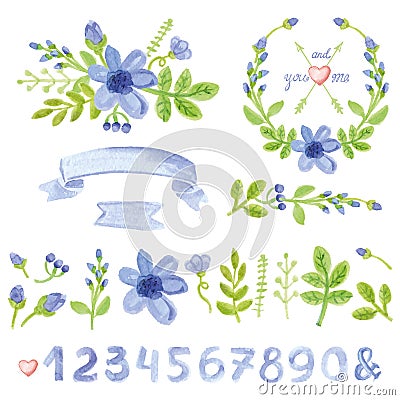 Watercolor blue daisy floral decor set with numbers Vector Illustration