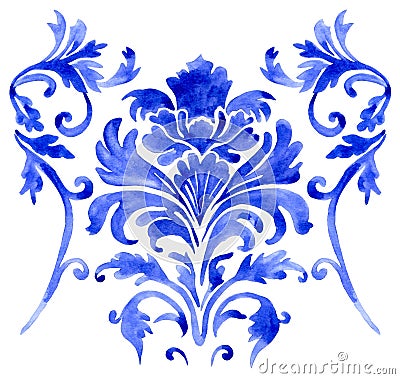 watercolor blue damask ornament. classic vintage ornament Stock Photo