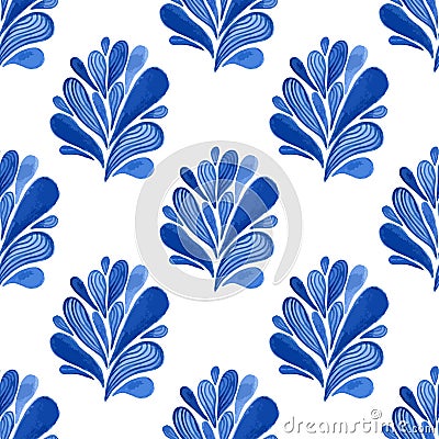 Watercolor blue floral seamless pattern with leaves. Vector background for textile, wallpaper , wrapping or fabric design. Vector Illustration