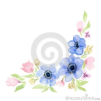 Watercolor blue flower anemone wreath frame. Cartoon Illustration