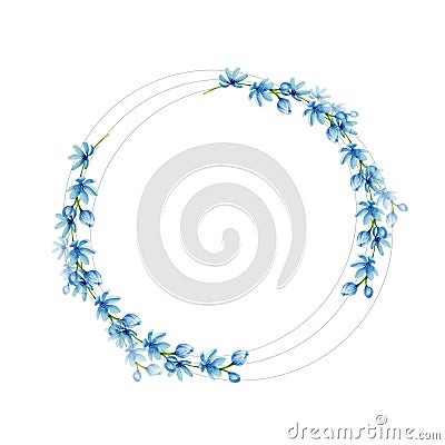 Watercolor blue flowers circle frame for invitaion, wedding, greetng card design Stock Photo