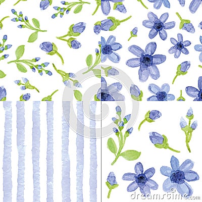 Watercolor blue flowers,strips seamless pattern.Cute set Vector Illustration