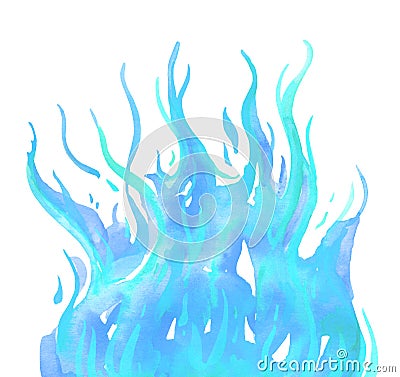 Watercolor blue gas fire on the bottom of the page. Hand drawn watercolor sketch illustration Cartoon Illustration
