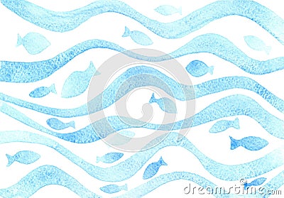 Watercolor blue wavy pattern with fish Stock Photo