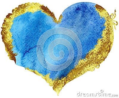 Watercolor blue heart with with gold strokes Stock Photo