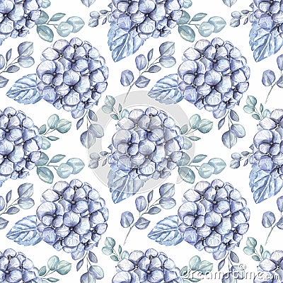 Watercolor blue hydrangea flowers and fern seamless paper. garden florals repeat pattern Stock Photo