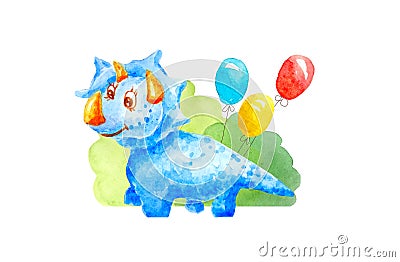 Watercolor blue kind dinosaur Triceraptors congratulates, invites, smiles and is affable on the background of three gel balls Stock Photo