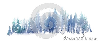 Watercolor Blue landscape of foggy forest hill. Wild nature, frozen, misty, taiga. Horizontal watercolor background Stock Photo