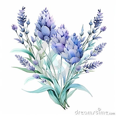 Watercolor Blue Lavender Flowers With Leaves Isolated On White Background Cartoon Illustration