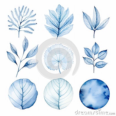 Watercolor Blue Leaf Collection: Monochromatic Compositions Of Fauna And Flora Cartoon Illustration