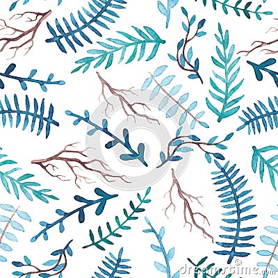 Watercolor Blue Leaves and Branches Seamless Pattern Stock Photo