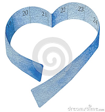 Watercolor blue measuring tape in heart shape. Hand drawn illustration isolated on white background Cartoon Illustration