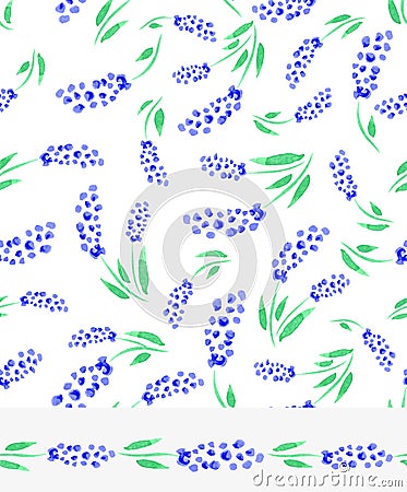 Watercolor blue muscari flowers seamless pattern Vector Illustration