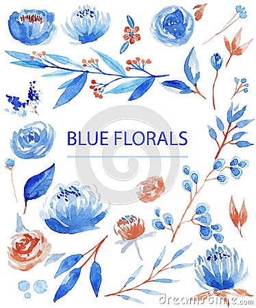 Watercolor blue navy floral set with herbs, flower elements. Modern leaves, flowers and branches hand drawn design Cartoon Illustration
