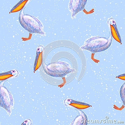 Watercolor blue navy hand drawn pelican seamless pattern Cartoon Illustration