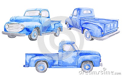 Watercolor blue old car pickup. Front view, side, back. On white background Stock Photo