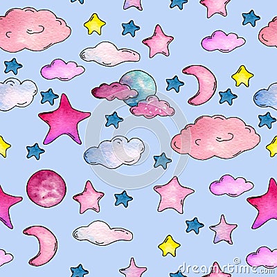 Watercolor blue pattern with stars, clouds and moon Stock Photo