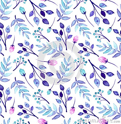 Watercolor Blue And Pink Flowers Repeat Pattern Stock Photo